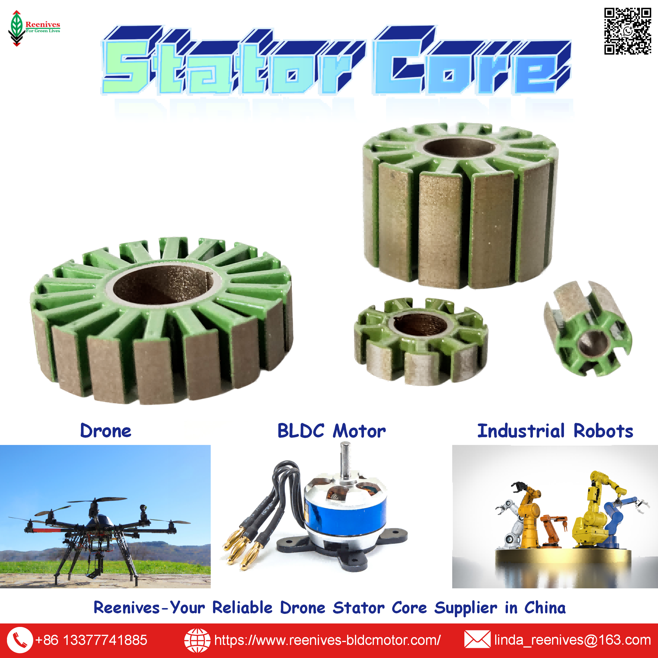 Precision BLDC outrunner stators for UAV, FPV & drone motors. 0.20mm epoxy-coated, ≤8.9 W/kg loss, 91% efficiency. Free samples & global shipping.